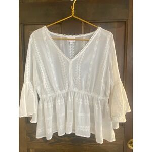 Shyanne Ivory Cotton Embroidered Peplum Blouse Bell Sleeve Boho Western Top L